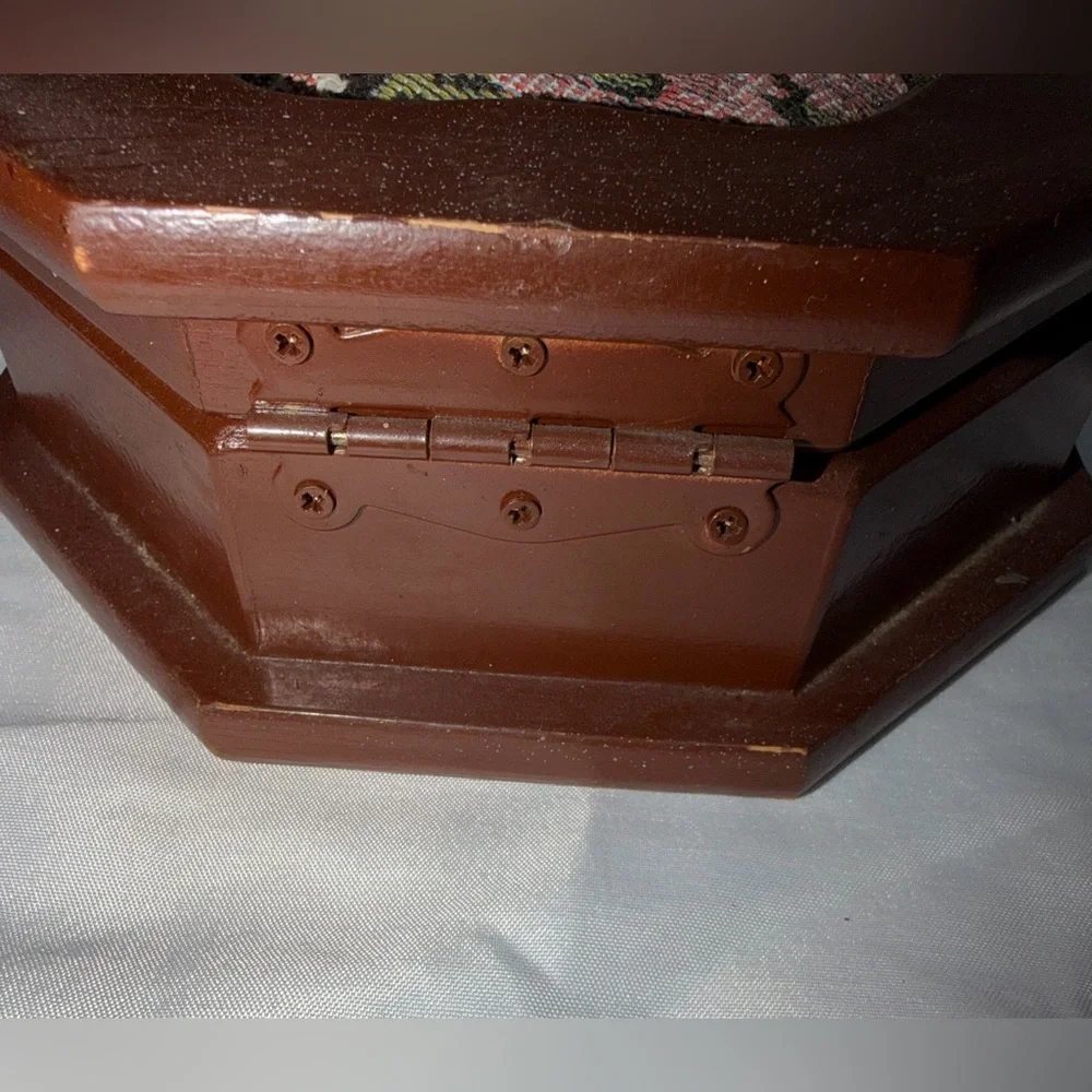 Vintage Octagon Wood Jewelry Box | Floral Needlepoint Lid & Mirror